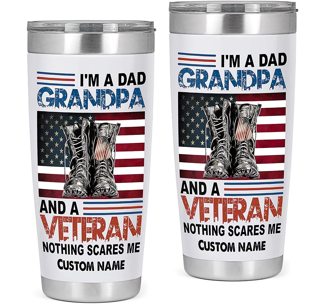 Personalized I'm A Dad Grandpa And A Veteran Papa Gift Father's Day Gift From Son Daughter Tumbler 20oz With Lid, Travel Coffee