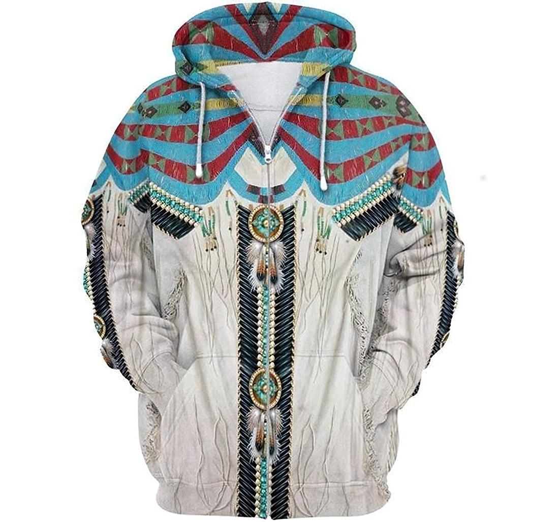 White Native Pattern Zip Up Fleece Lightweight Up - 3D Printed Hoodie, Sweatshirt