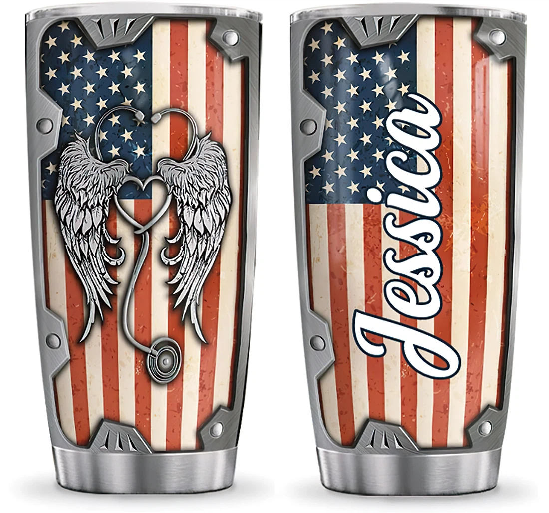 Personalized Nurse Wings Metal Style Nurse American Flag Custom Name Nurse Ideal Girl Nurse Independent's Day Tumbler 20 - 30oz