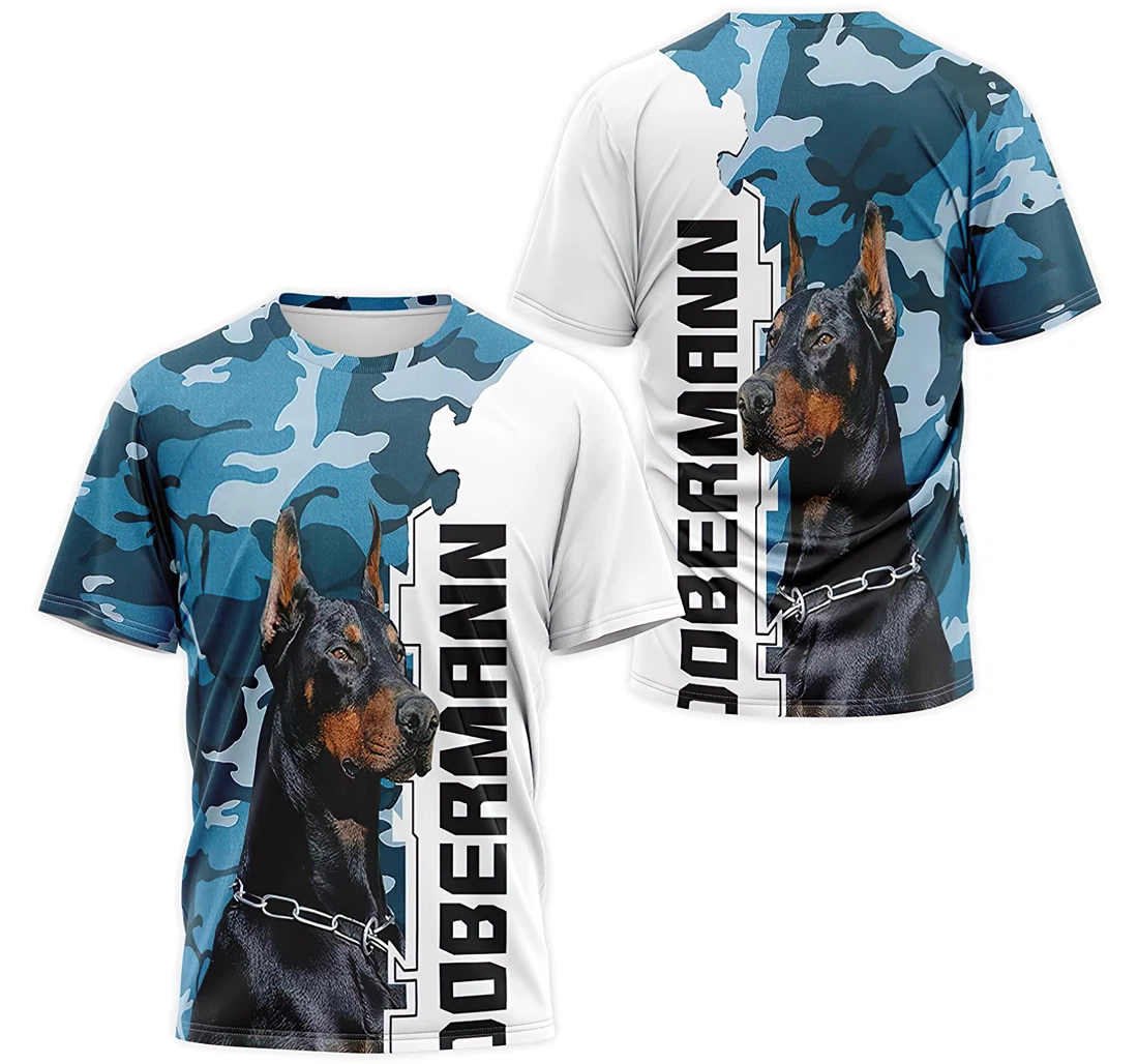 T-Shirt, Hoodie - Dobermann Dog Face Blue Camo 3D Printed