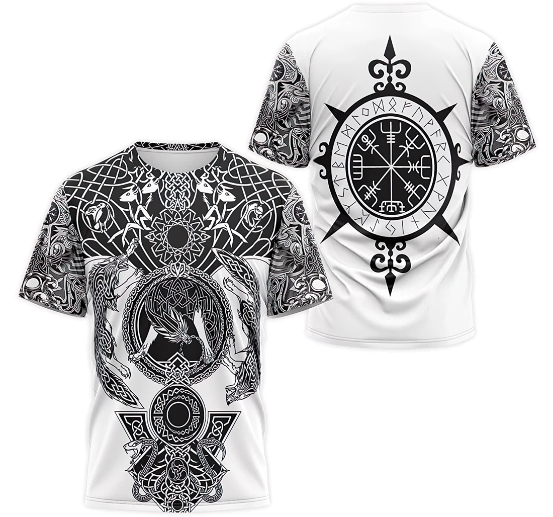 T-Shirt, Hoodie - Wolves Skoll And Hati Odin Nordic Compass Norse Mythology Pattern 3D Printed