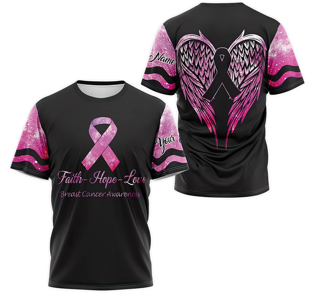 T-Shirt, Hoodie - Custom Name Breast Cancer Awaraness Wings Faith Hope Love 3D Printed