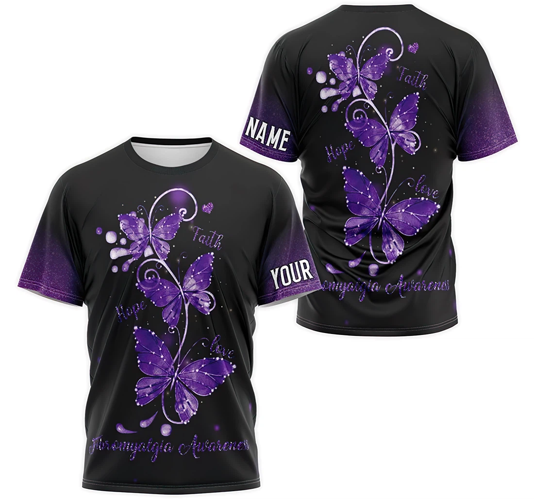 T-Shirt, Hoodie - Custom Name Fibromyalgia Awareness Butterfly Flowers Faith Hope Love 3D Printed