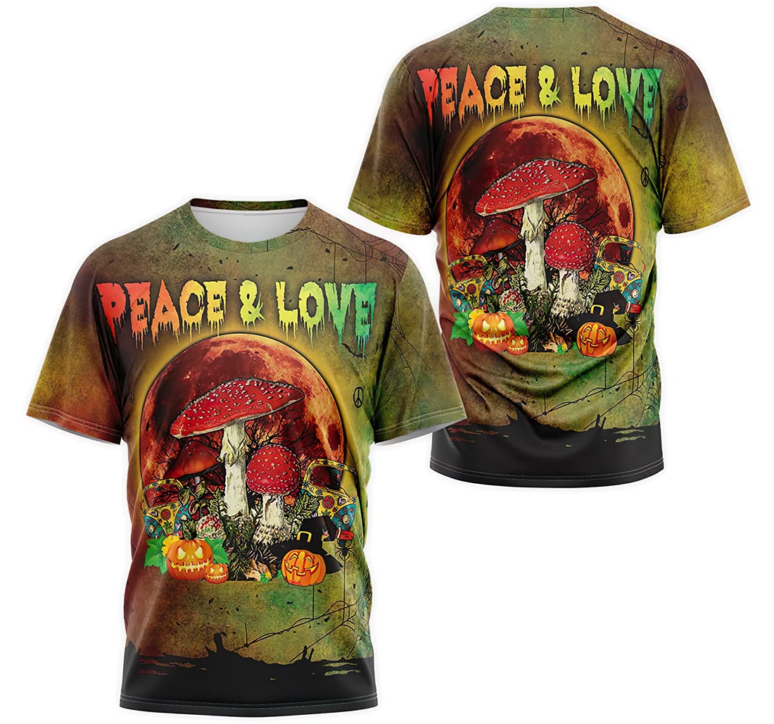 T-Shirt, Hoodie - Halloween Peace And Love Mushroom Pumpkin Hippie Car 3D Printed