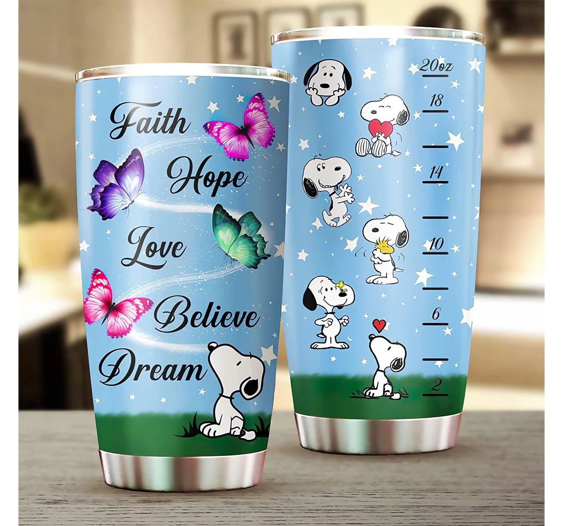Snoopy Faith Hope Love Believe Dream Coffee Snoopy Insulated Vacuum Flask Cute Thermal Bottle Tumbler 20-30oz With Lid, Travel Coffee Mug