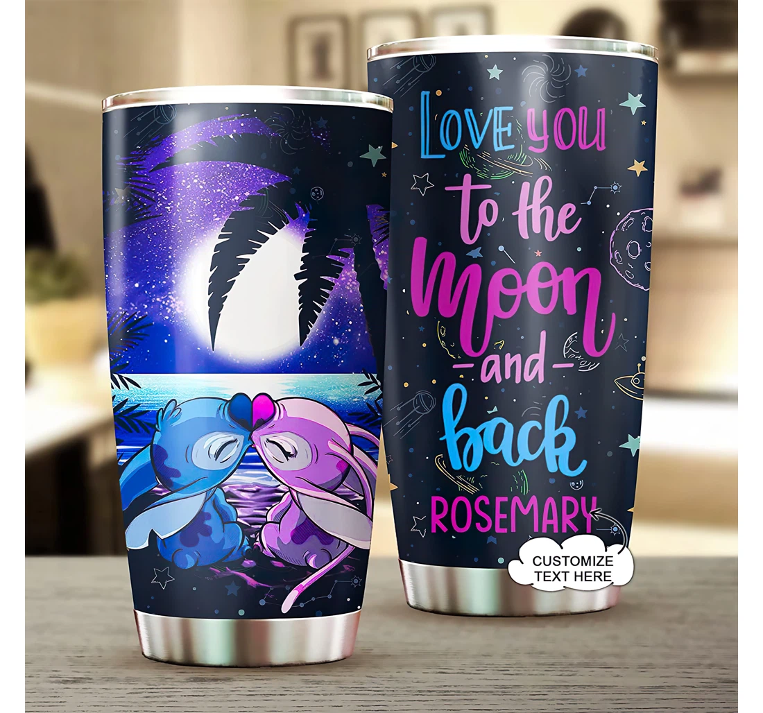Stitch And Angel Customizable Text Love You To The Moon And Back Coffee Lilo And Stitch Vacuum Flask Stitch Thermal Bottle Tumbler 20-30oz With Lid,