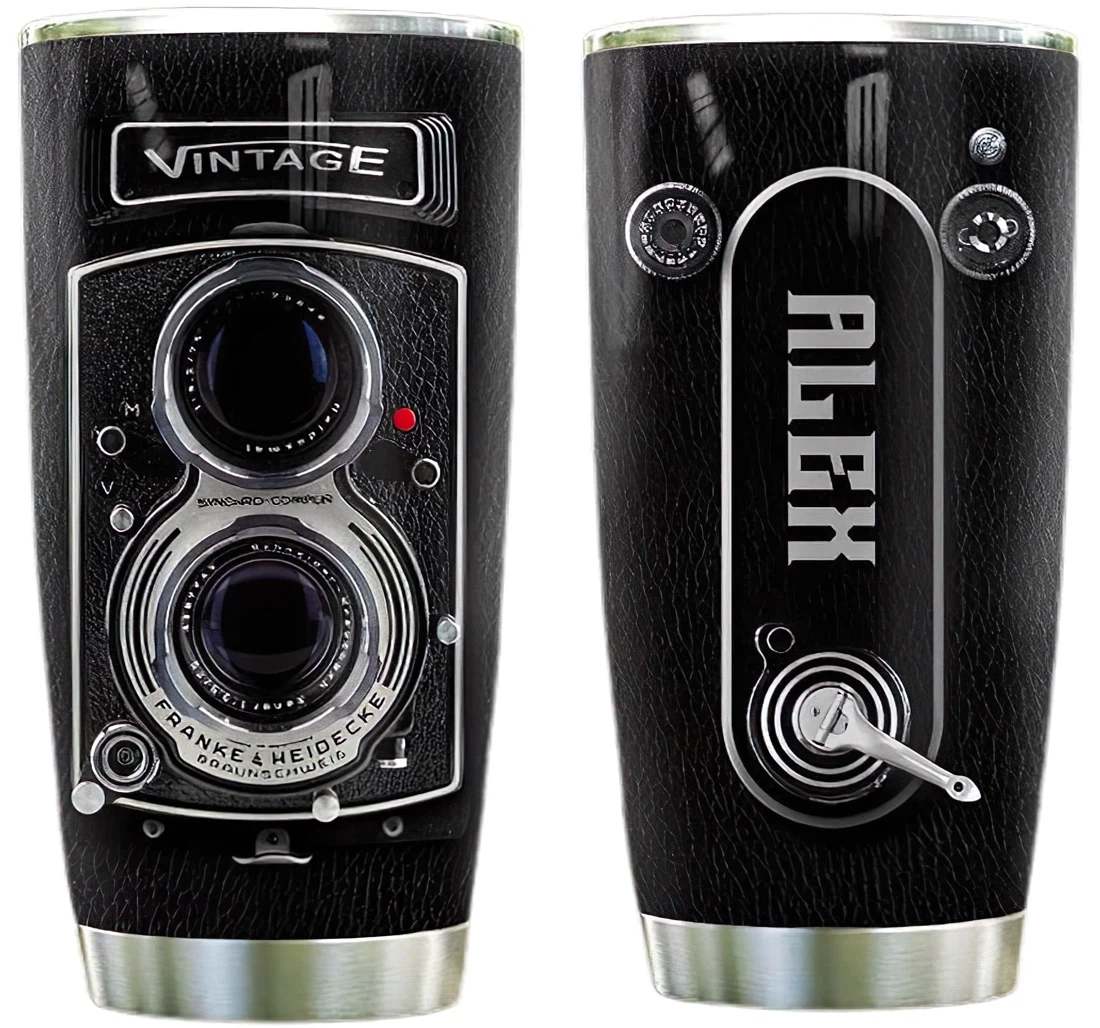 Vintage Double Lens Camera Personalized Custom Name Cup Drinking Coffee Tumbler 20-30oz With