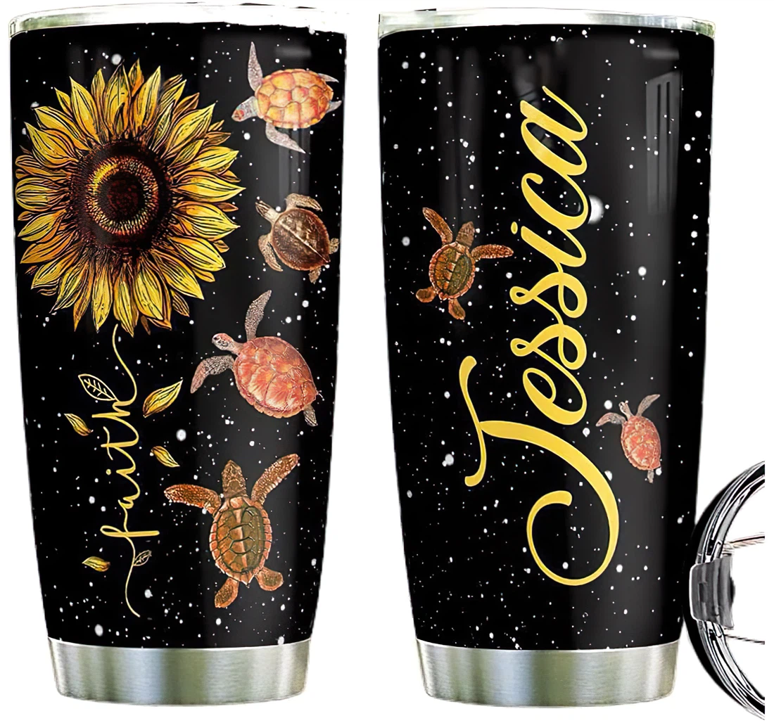 Personalized Sunflower Turtle Faith Custom Name Cup Drinking Coffee Tumbler 20-30oz With Lid,