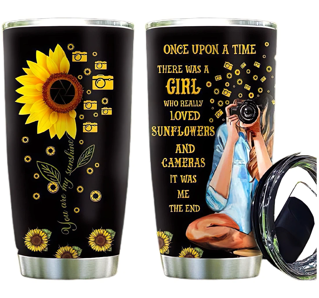 Camera Sunflower Custom Name Cup Drinking Coffee Tumbler 20-30oz With Lid, Travel Coffee Mug