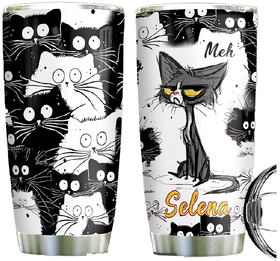 Cat Cute Personalized Custom Name Cup Drinking Coffee Tumbler 20-30oz With Lid, Travel Coffee