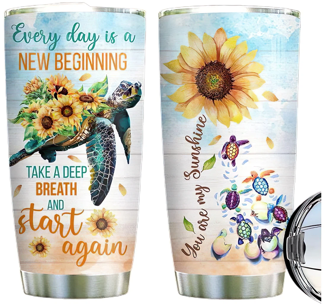 Turtle Sunflower New Beginning Custom Name Cup Drinking Coffee Tumbler 20-30oz With Lid, Mug