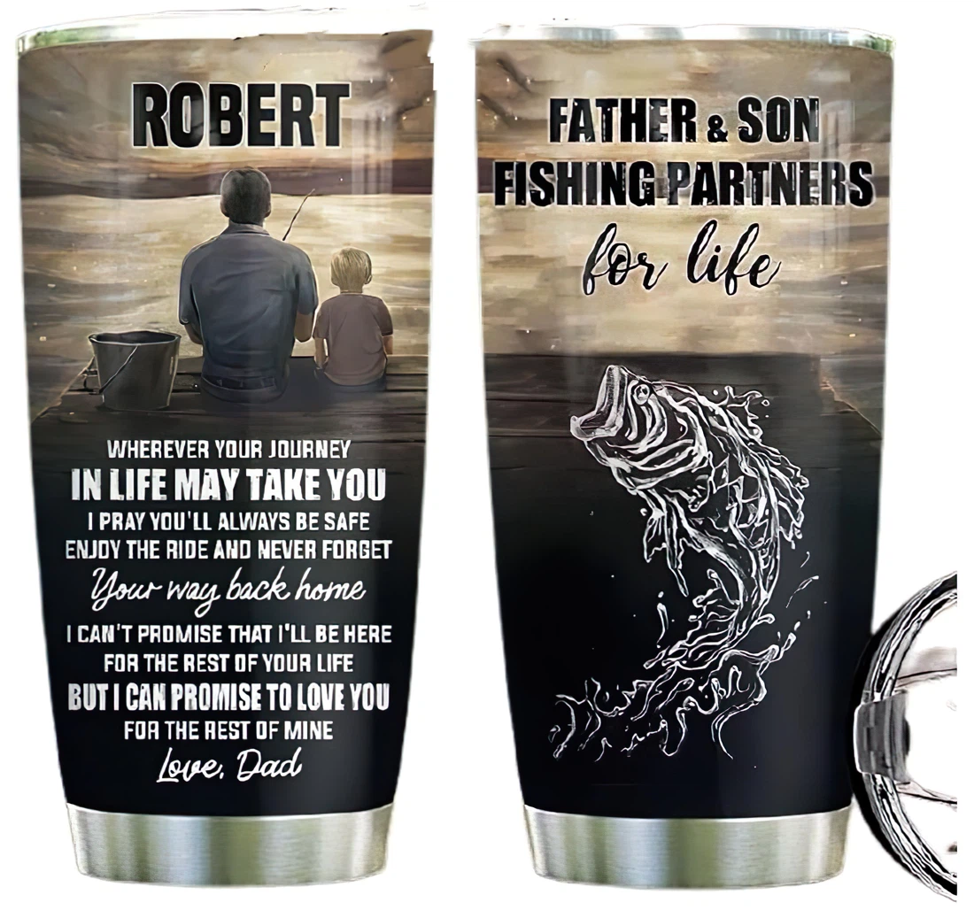 Father And Son Fishing Personalized Custom Name Cup Drinking Coffee Tumbler 20-30oz With Lid,