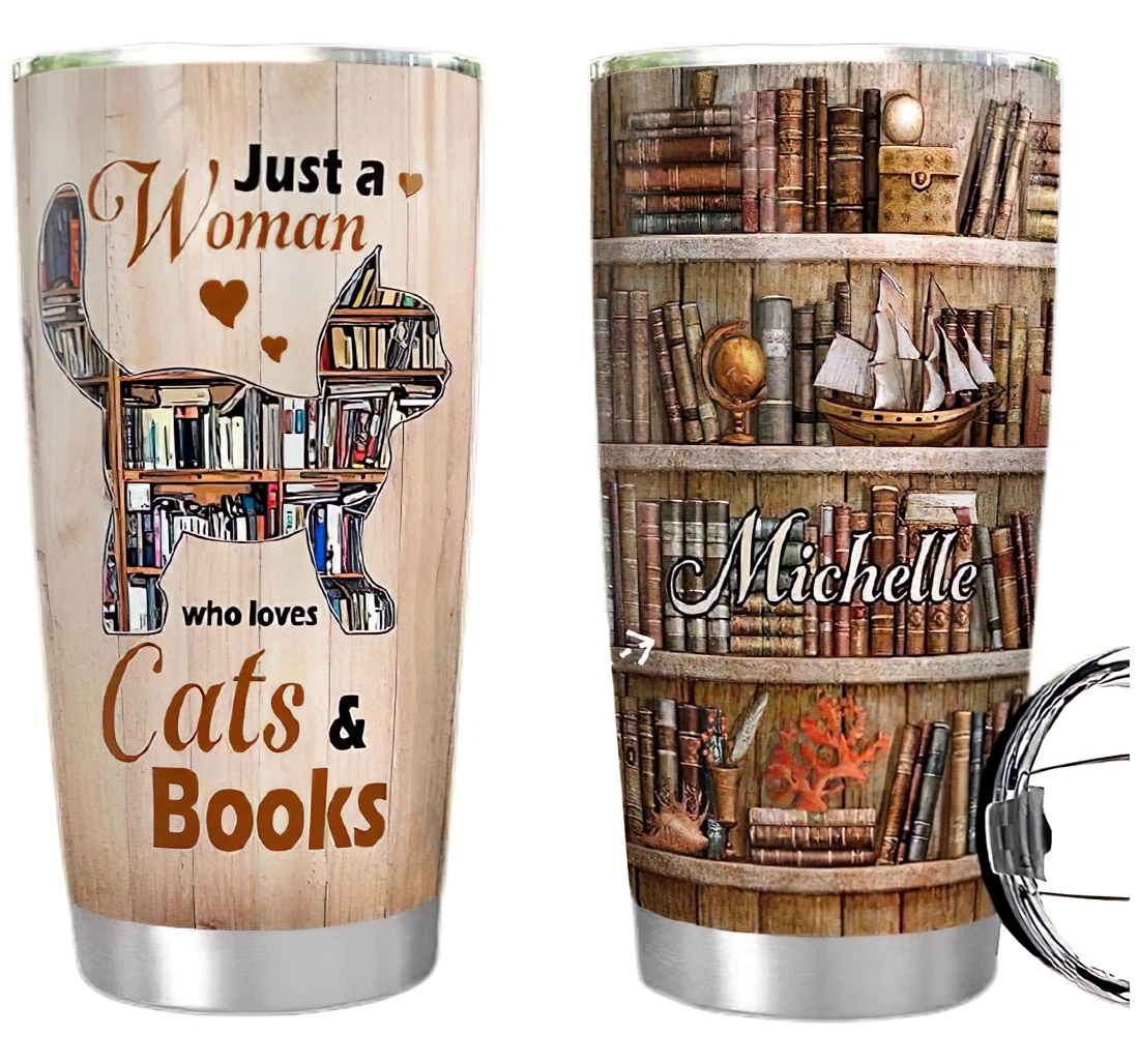 Cats And Books Personalized Custom Name Cup Drinking Coffee Tumbler 20-30oz With Lid, Travel