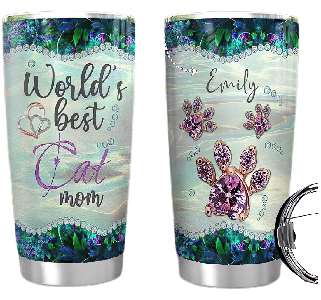 Cat Mom Jewelry Personalized Custom Name Cup Drinking Coffee Tumbler 20-30oz With Lid, Travel