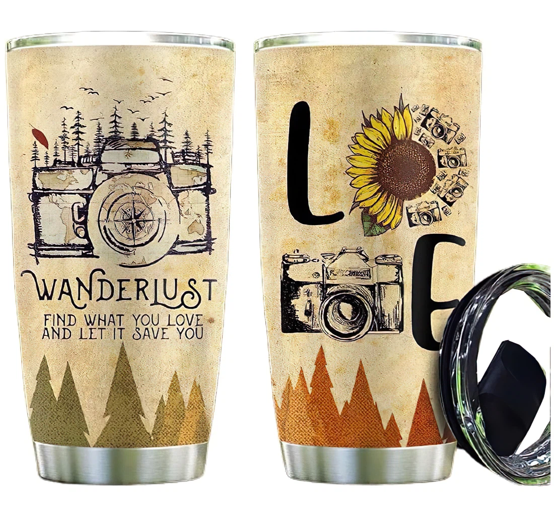 Wanderlust Camera Sunflower Custom Name Cup Drinking Coffee Tumbler 20-30oz With Lid, Travel