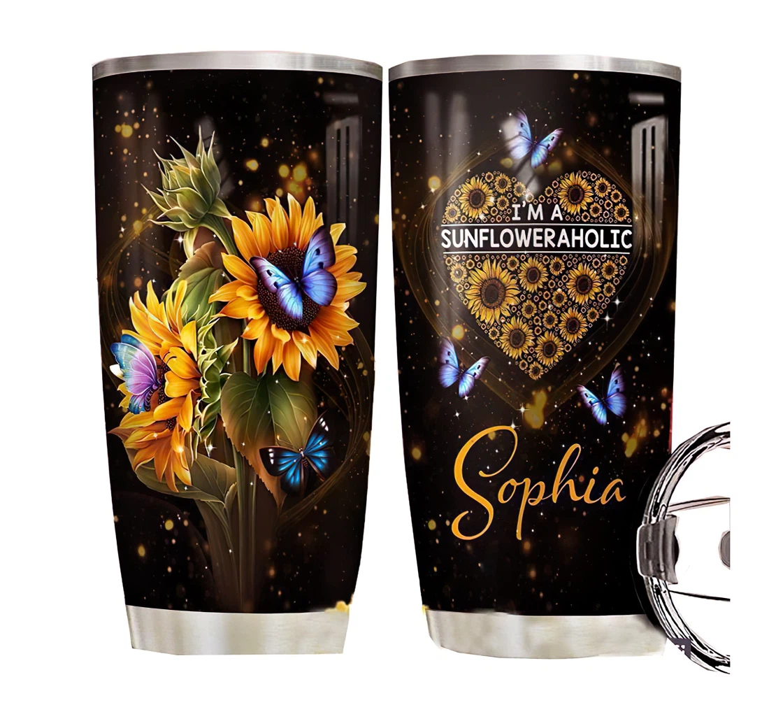 Sunfloweraholic Personalized Custom Name Cup Drinking Coffee Tumbler 20-30oz With Lid, Travel