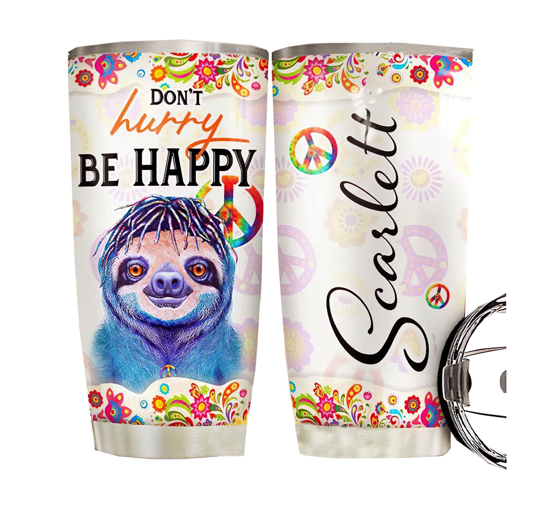 Sloth Hippie Personalized Custom Name Cup Drinking Coffee Tumbler 20-30oz With Lid, Travel Mug