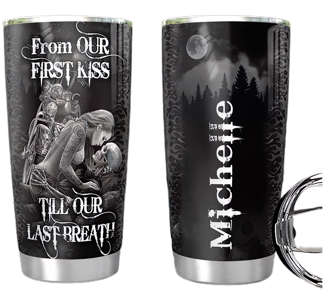 Skull Biker Couple Personalized Custom Name Cup Drinking Coffee Tumbler 20-30oz With Lid, Mug