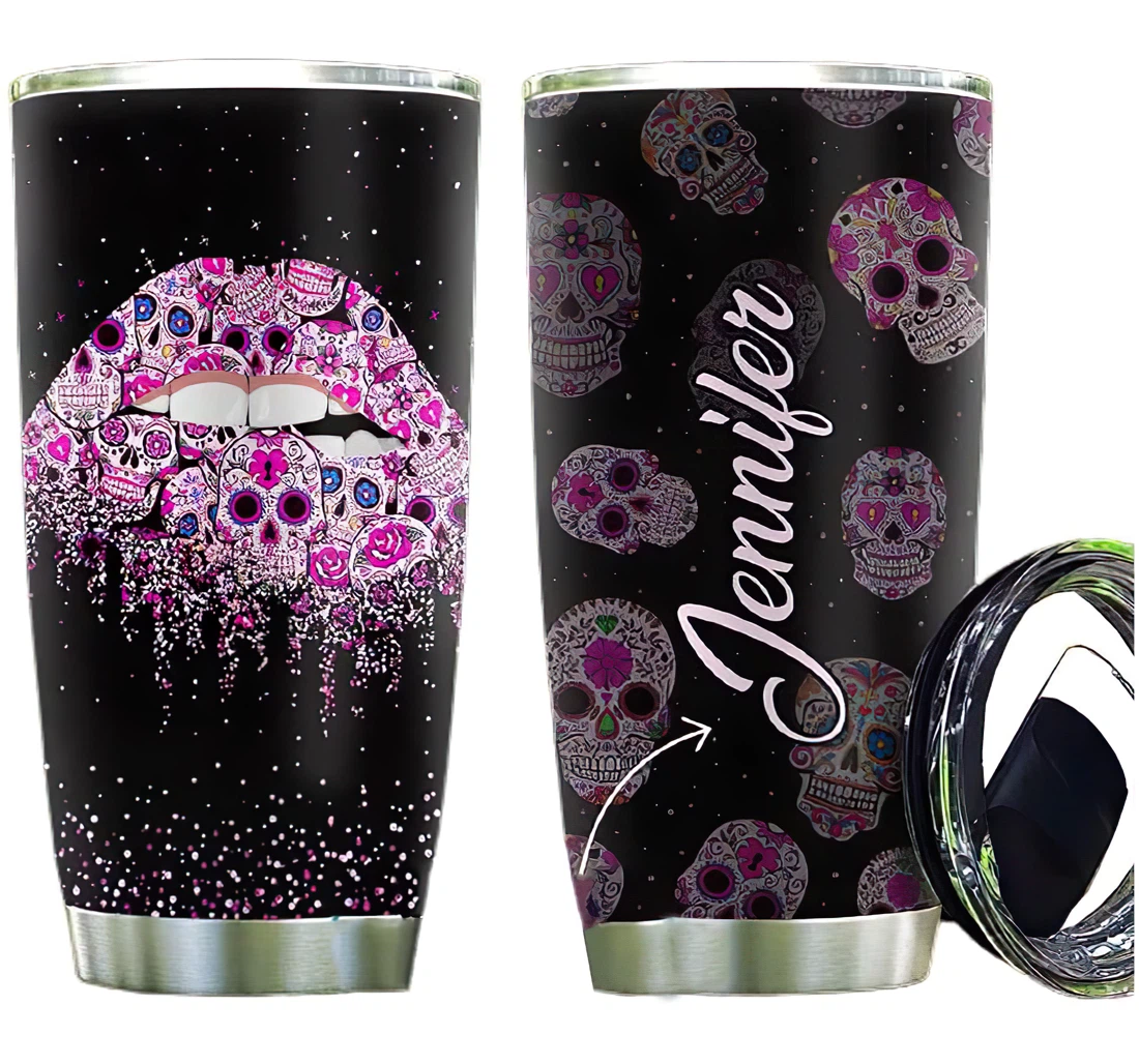 Pink Skull Lips Personalized Custom Name Cup Drinking Coffee Tumbler 20-30oz With Lid, Travel