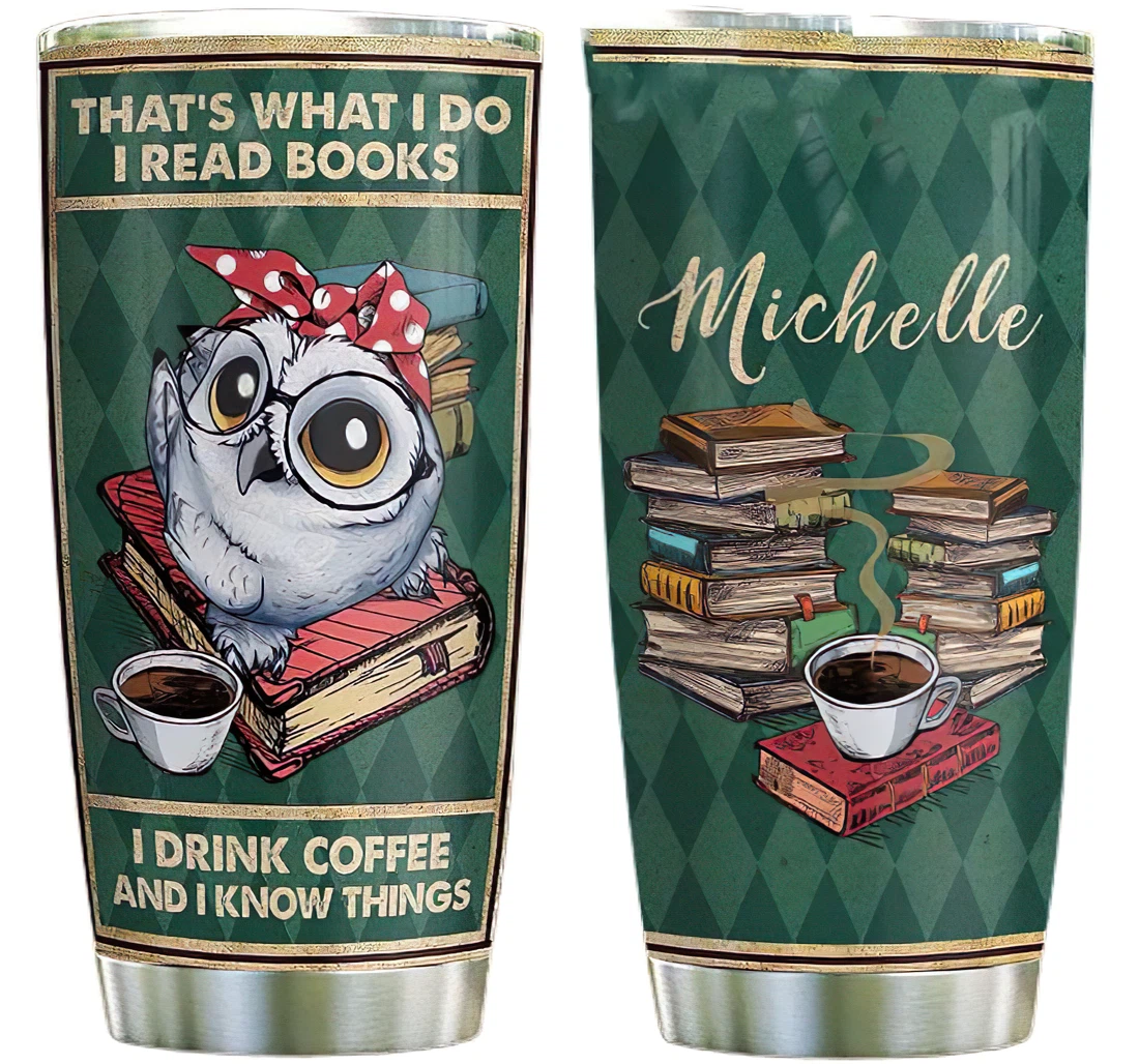 Cute Owl Book Coffee Personalized Custom Name Cup Drinking Coffee Tumbler 20-30oz With Lid,