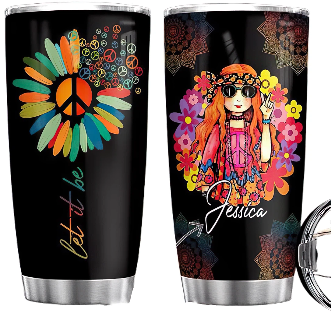 Personalized Hippie Flower Custom Name Cup Drinking Coffee Tumbler 20-30oz With Lid, Travel