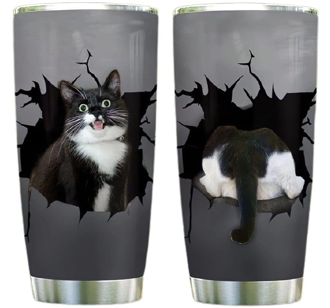 Funny Tuxedo Cat Break Custom Name Cup Drinking Coffee Tumbler 20-30oz With Lid, Travel Coffee