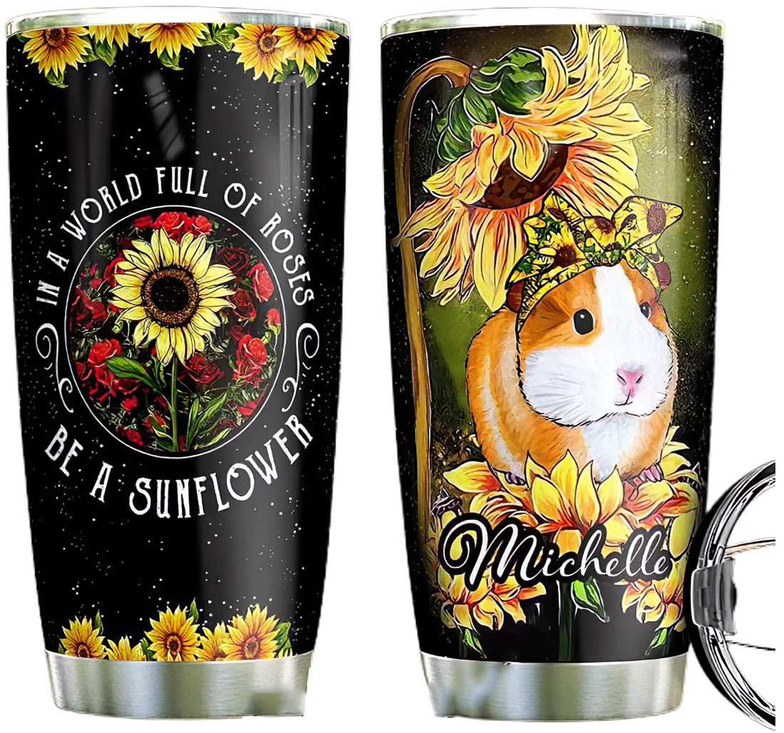 Guinea Pig Sunflower Personalized Custom Name Cup Drinking Coffee Tumbler 20-30oz With Lid,