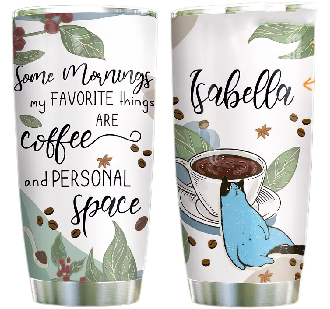Coffee Cat Personalized Custom Name Cup Drinking Coffee Tumbler 20-30oz With Lid, Travel Mug