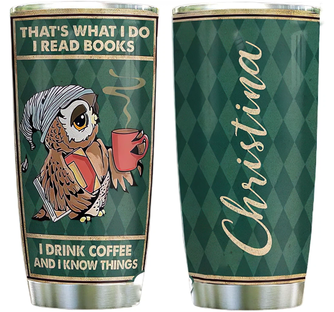 Book Coffee Owl Personalized Custom Name Cup Drinking Coffee Tumbler 20-30oz With Lid, Travel