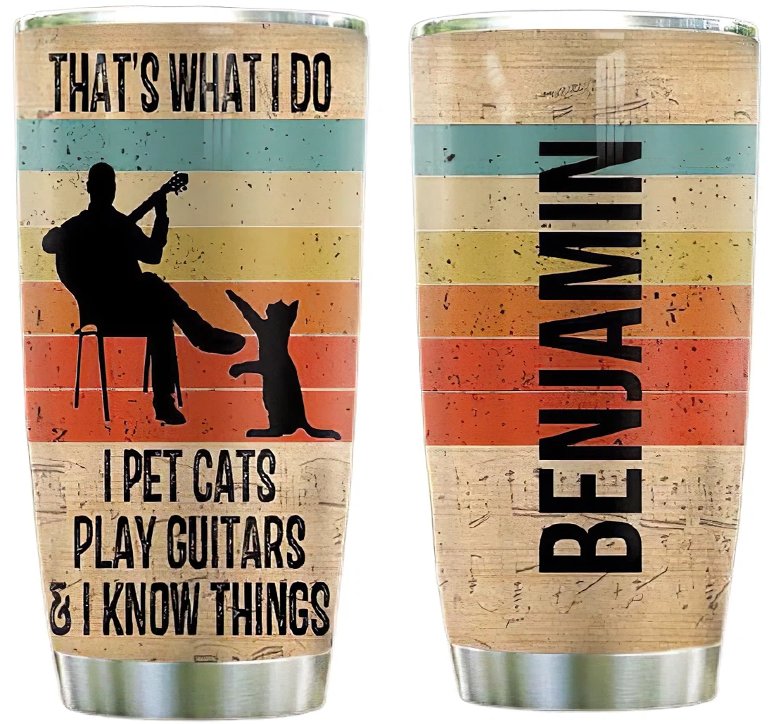 A Man With Guitar And His Cat Personalized Custom Name Cup Drinking Coffee Tumbler 20-30oz Mug