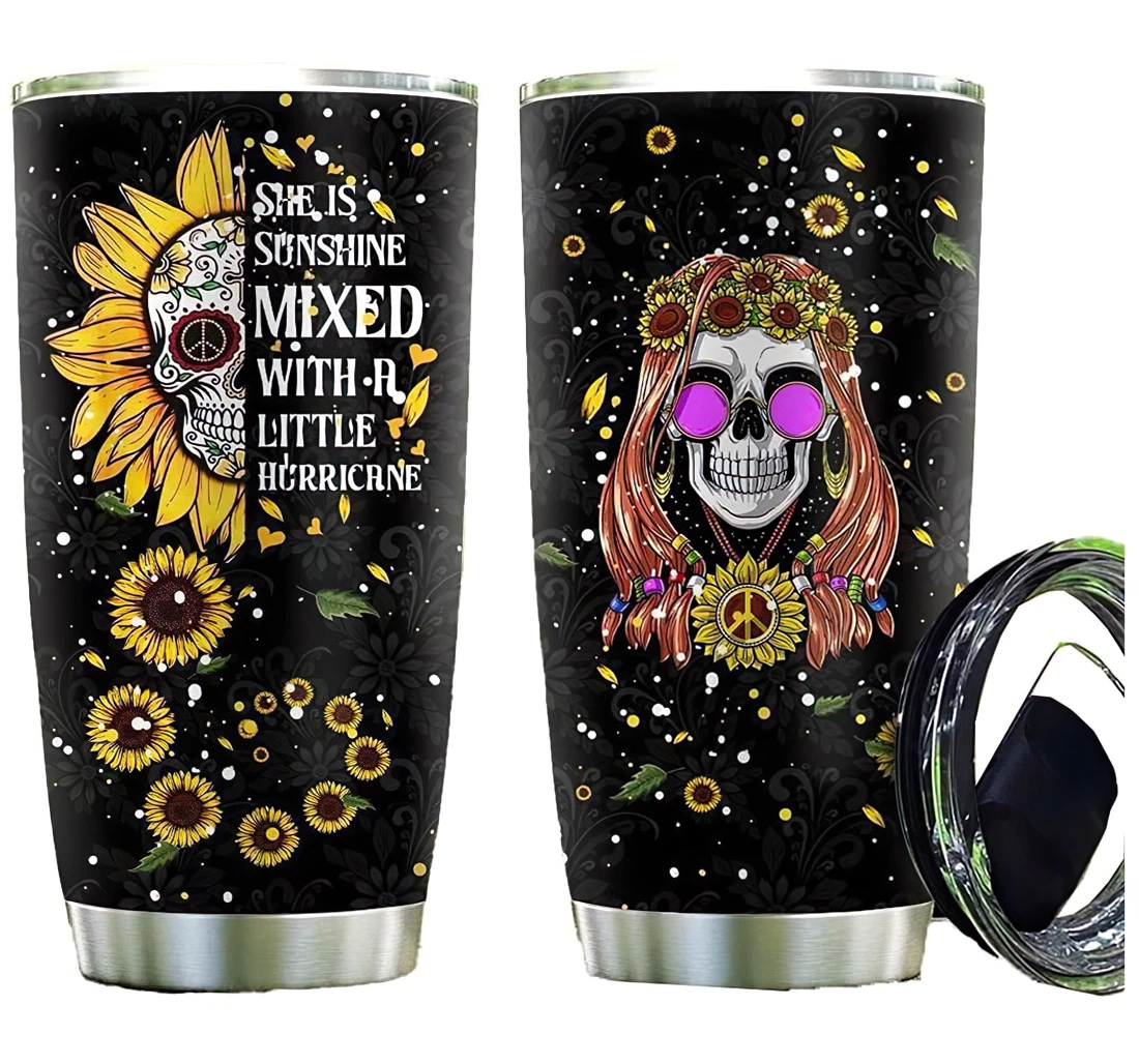 Skull Sunflower Custom Name Cup Drinking Coffee Tumbler 20-30oz With Lid, Travel Coffee Mug