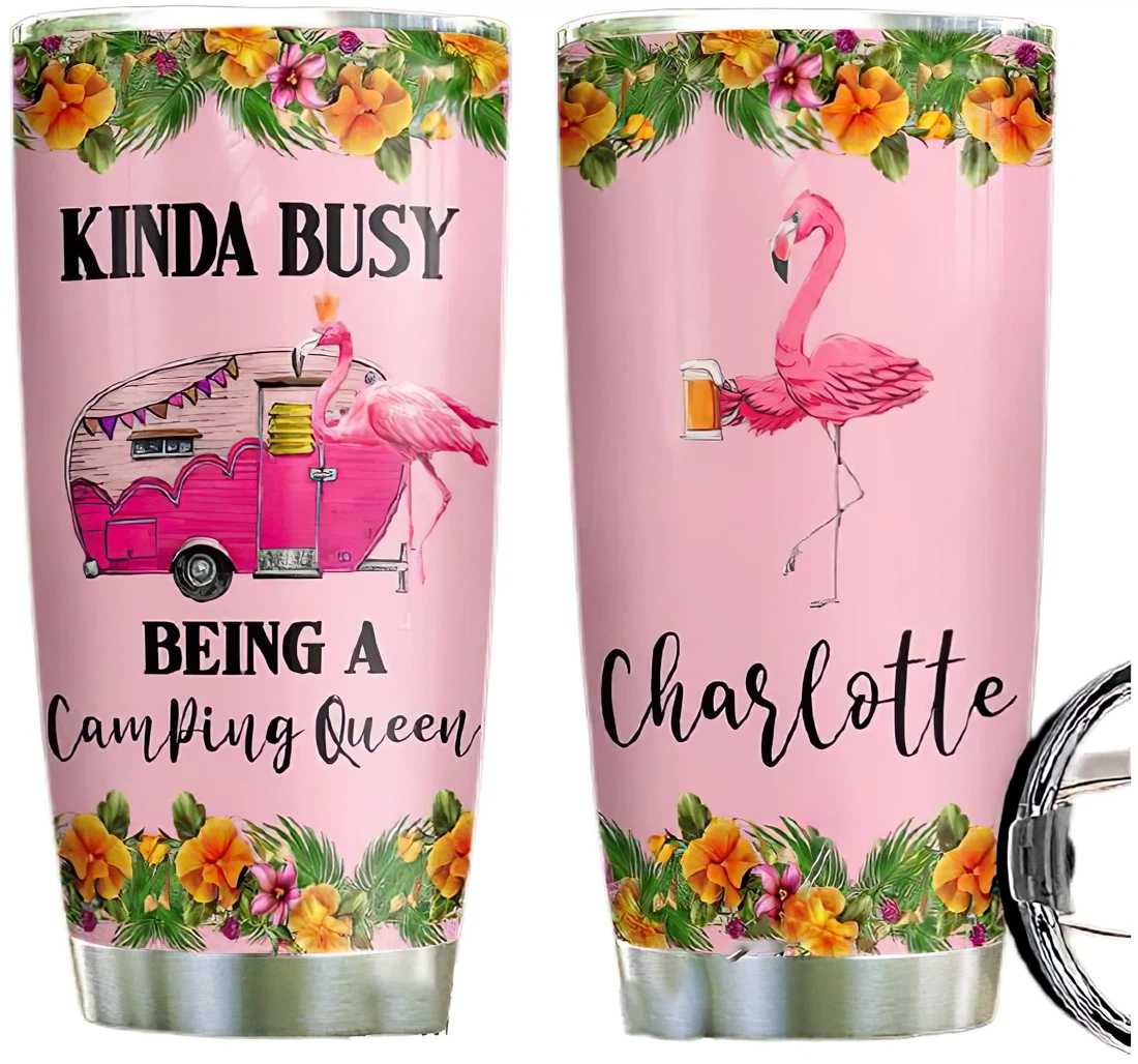 Flamingo Camping Queen Personalized Custom Name Cup Drinking Coffee Tumbler 20-30oz With Lid,