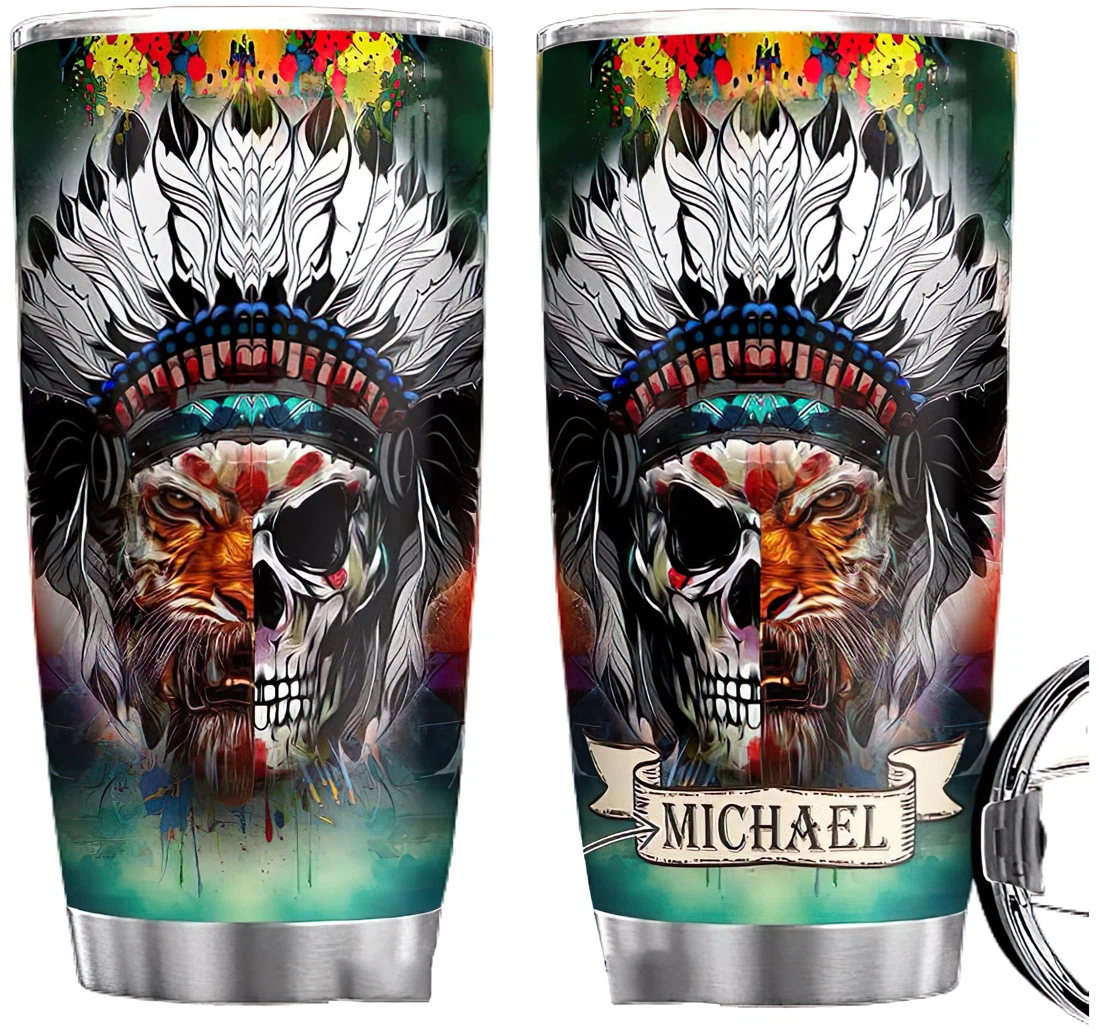 Personalized Skull Tiger Indian Tribal Custom Name Cup Drinking Coffee Tumbler 20-30oz With