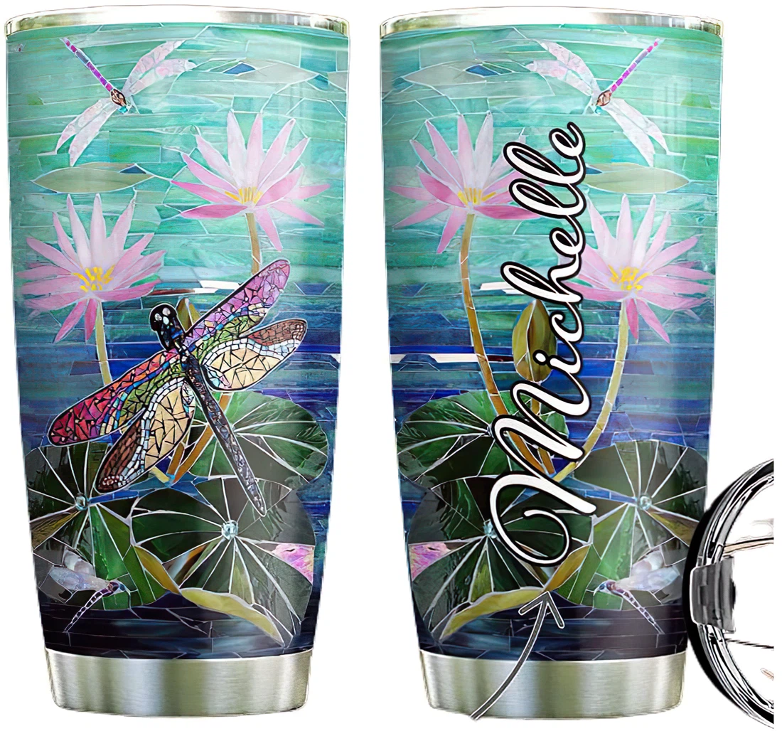 Personalized Dragonfly Lotus Flower Mosaic Style Custom Name Cup Drinking Coffee Tumbler With