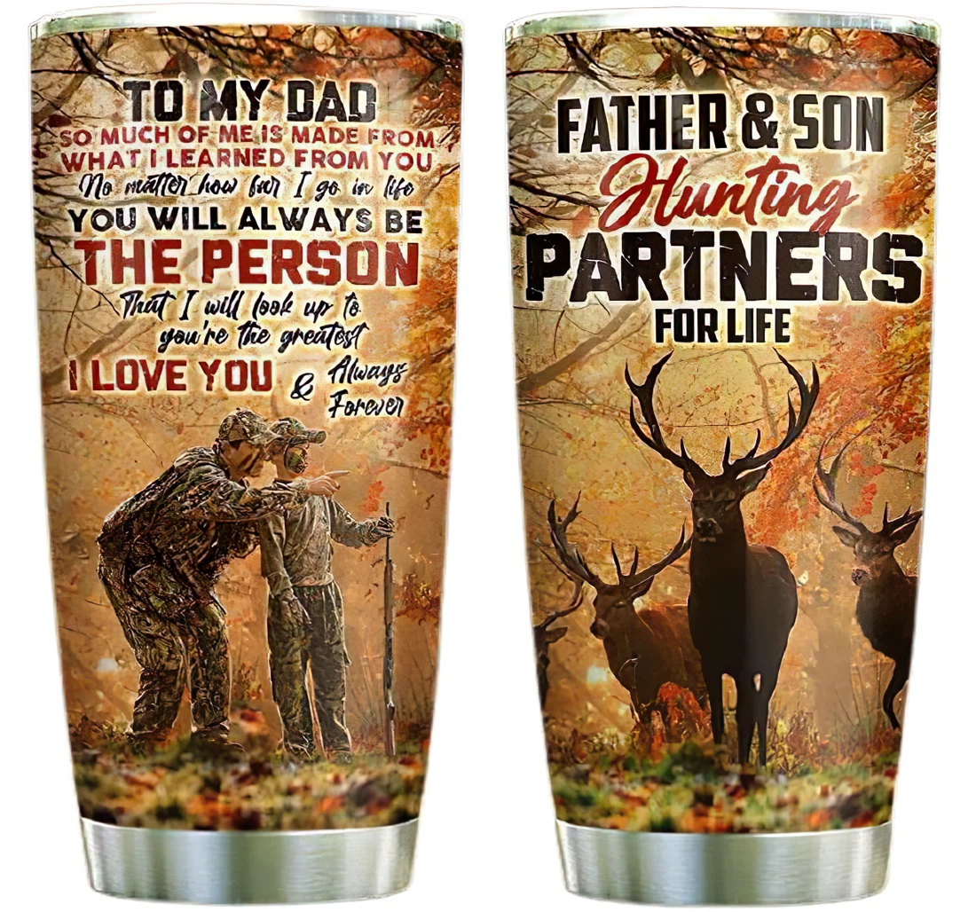 Father And Son Deer Hunting Together Custom Name Cup Drinking Coffee Tumbler 20-30oz With Lid,