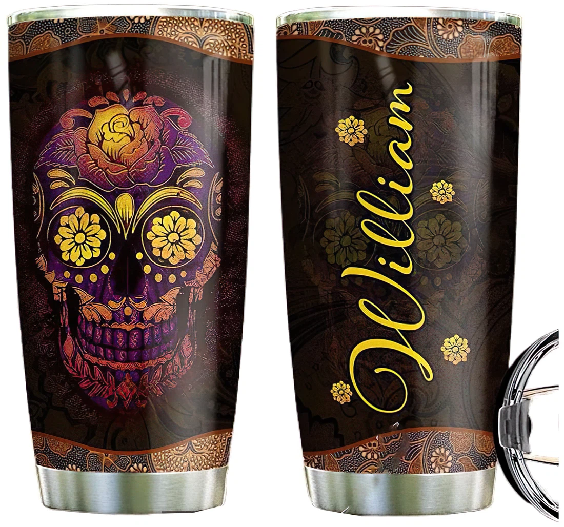 Personalized Sugar Skull Custom Name Cup Drinking Coffee Tumbler 20-30oz With Lid, Travel Mug