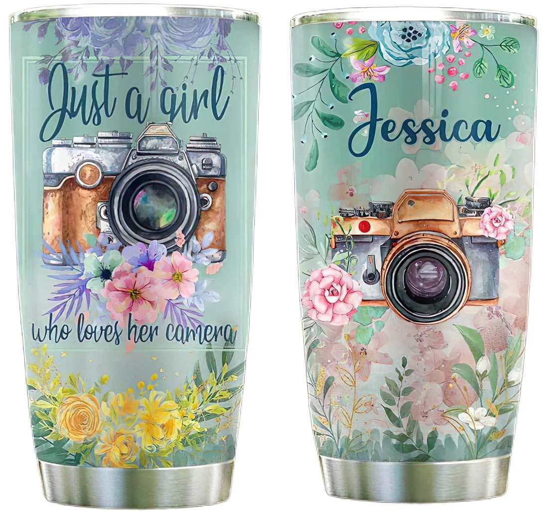 Flower Camera Girls Personalized Custom Name Cup Drinking Coffee Tumbler 20-30oz With Lid, Mug
