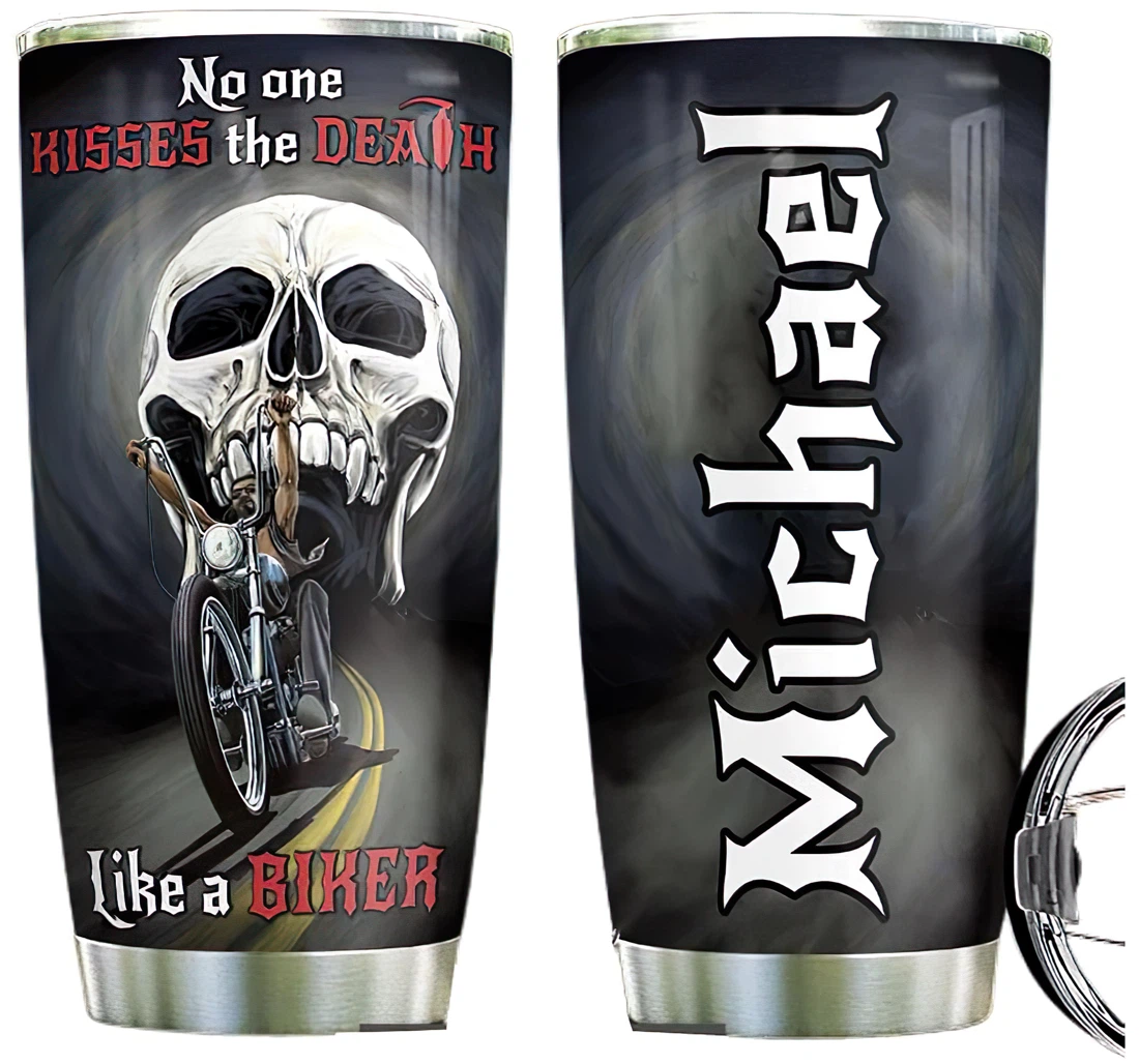 Personalized Biker Skull Custom Name Cup Drinking Coffee Tumbler 20-30oz With Lid, Travel Mug