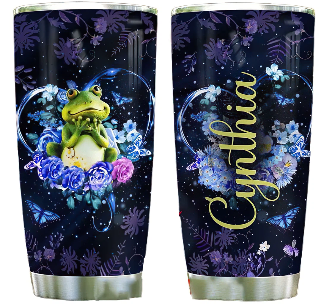 Cute Frog With Flower Butterfly Personalized Custom Name Cup Drinking Coffee Tumbler 20-30oz