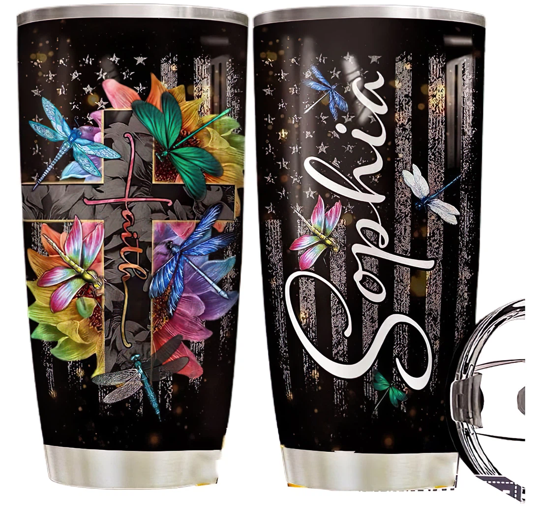 Dragonfly Faith Personalized Custom Name Cup Drinking Coffee Tumbler 20-30oz With Lid, Travel