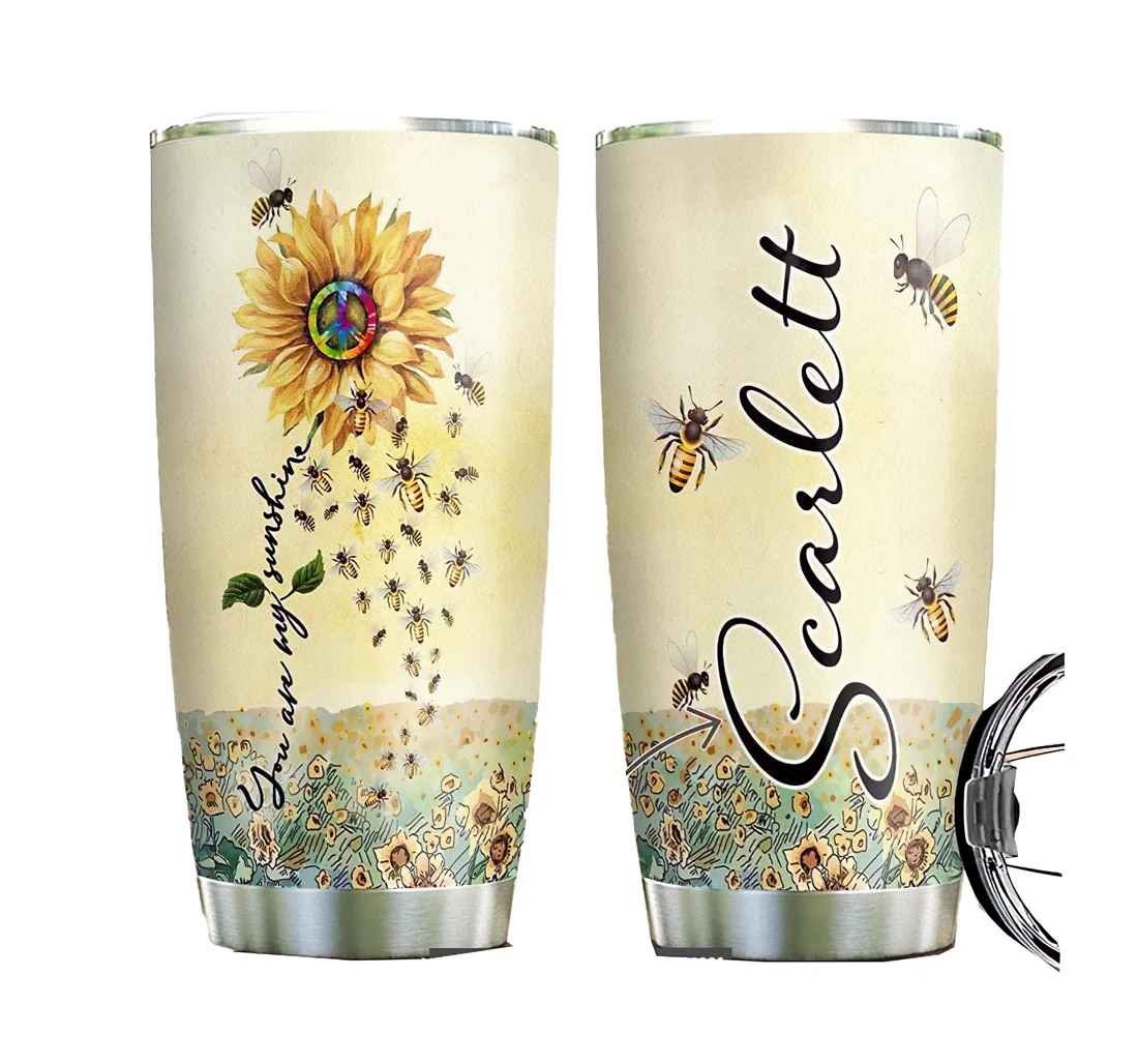 Sunflower Bee Hippie Personalized Custom Name Cup Drinking Coffee Tumbler 20-30oz With Lid,