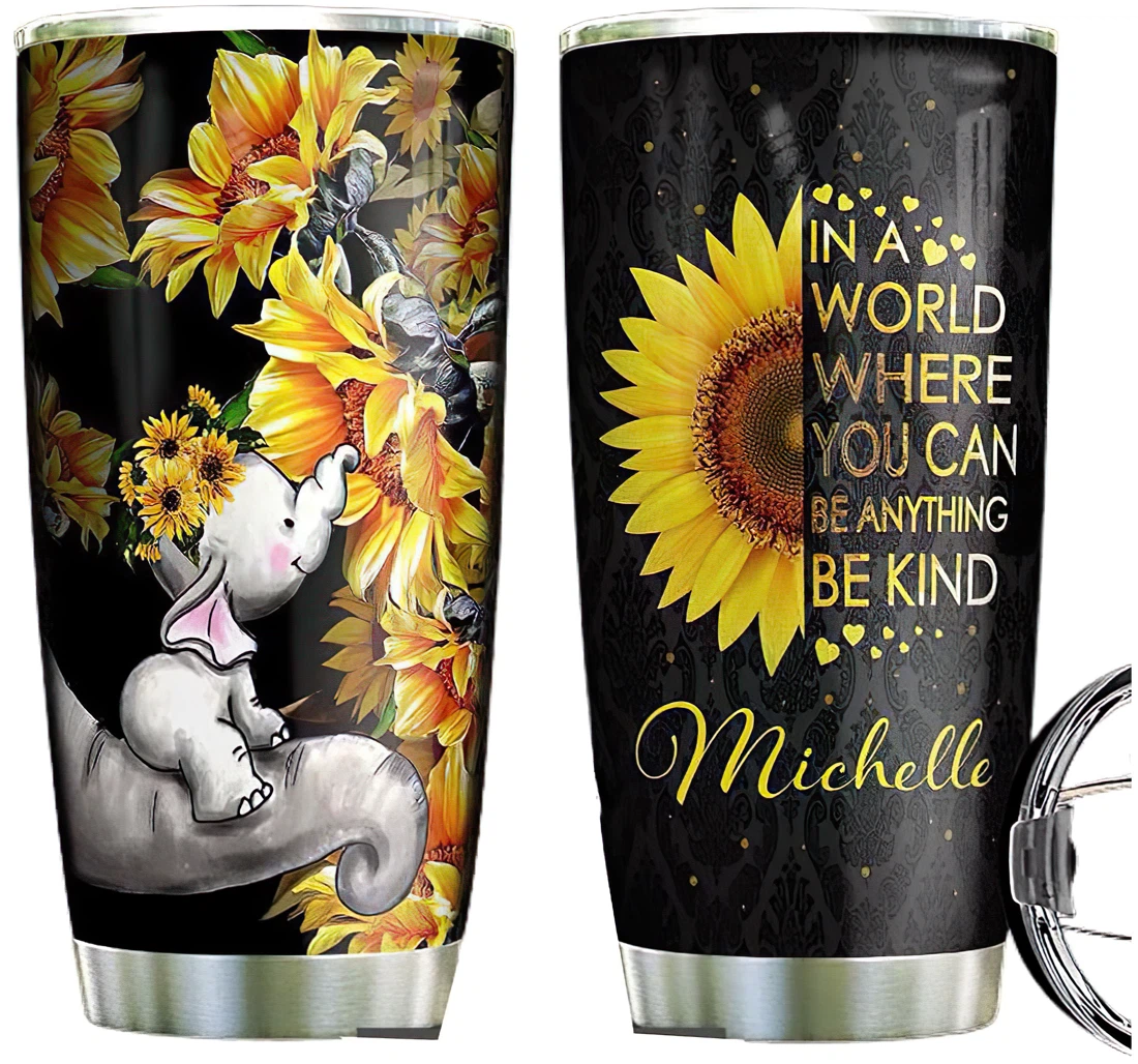 Elephant Sunflower Personalized Custom Name Cup Drinking Coffee Tumbler 20-30oz With Lid, Mug