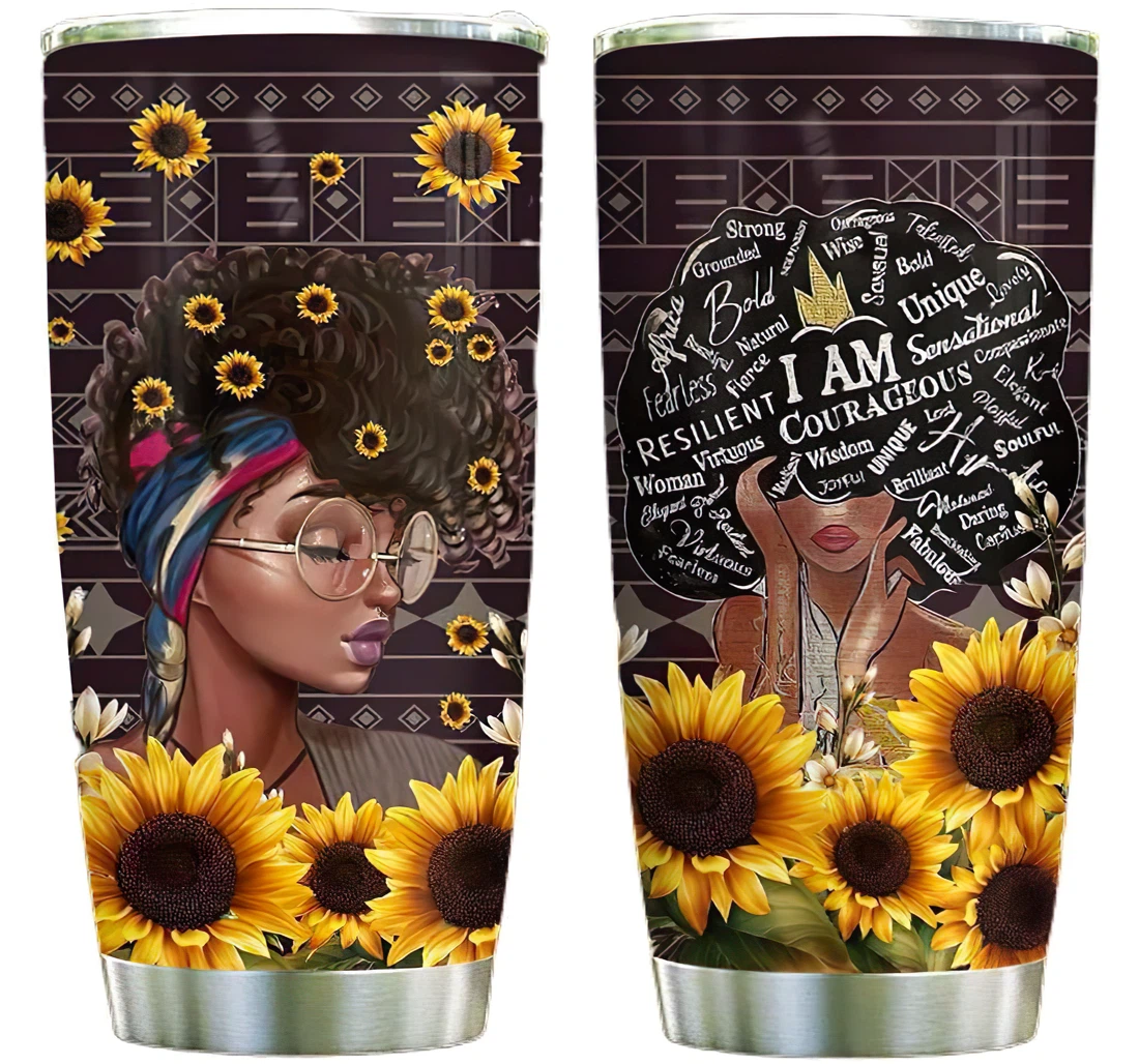 Afro Woman Sunflower Custom Name Cup Drinking Coffee Tumbler 20-30oz With Lid, Travel Coffee