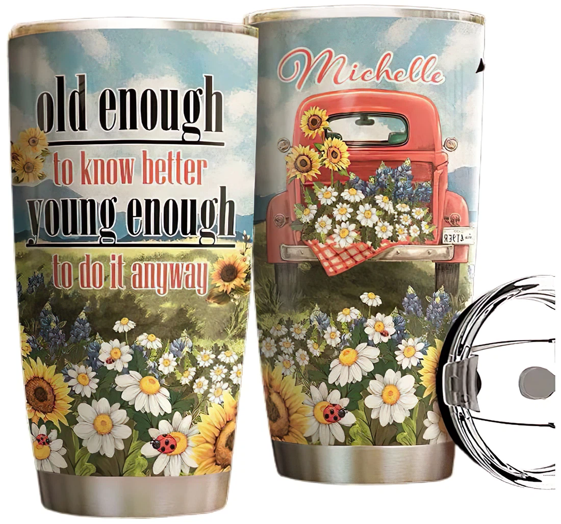 Red Truck Sunflower Personalized Custom Name Cup Drinking Coffee Tumbler 20-30oz With Lid, Mug