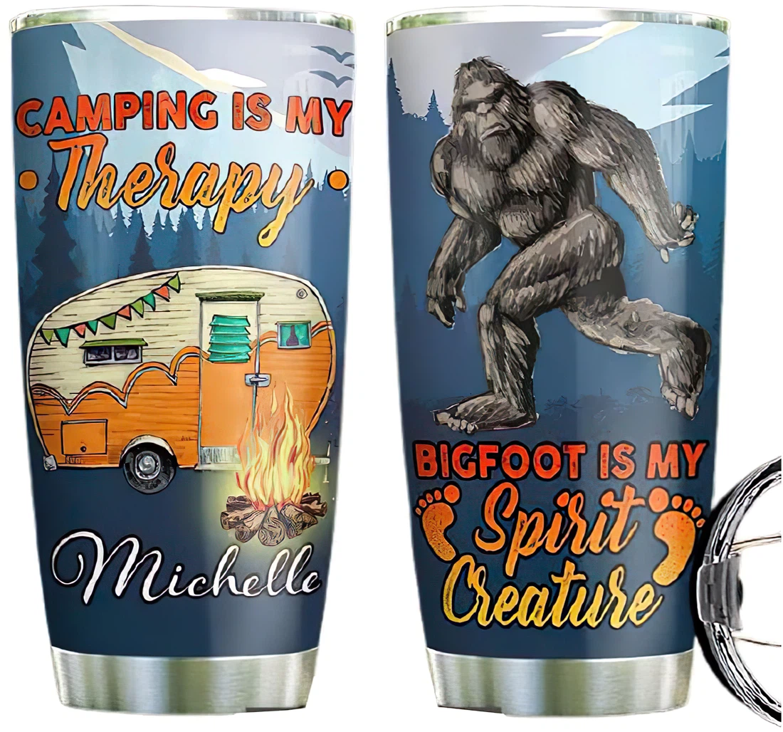 Camping Bigfoot Personalized Custom Name Cup Drinking Coffee Tumbler 20-30oz With Lid, Travel