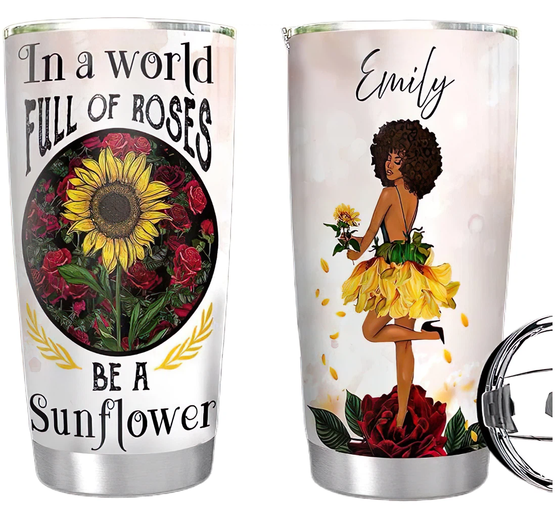 Afro Sunflower Personalized Custom Name Cup Drinking Coffee Tumbler 20-30oz With Lid, Travel