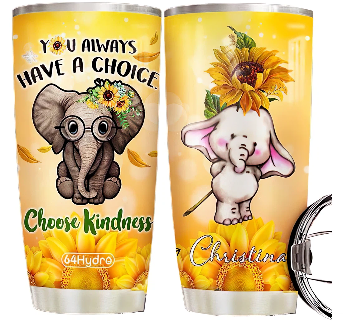 Choose Kindness Sunflower Elephant Personalized Custom Name Cup Drinking Coffee Tumbler With