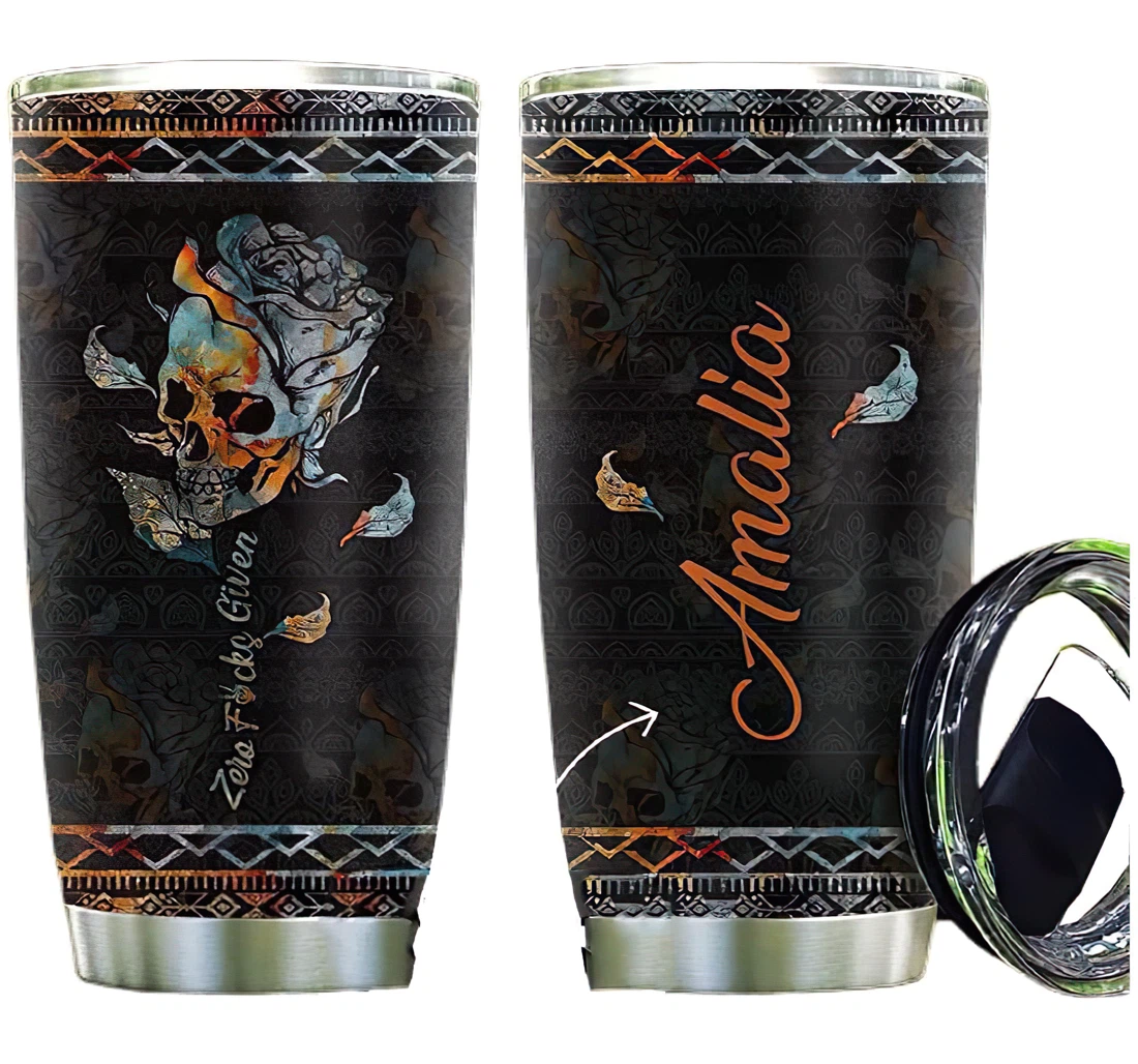 Retro Skull Flower Personalized Custom Name Cup Drinking Coffee Tumbler 20-30oz With Lid, Mug