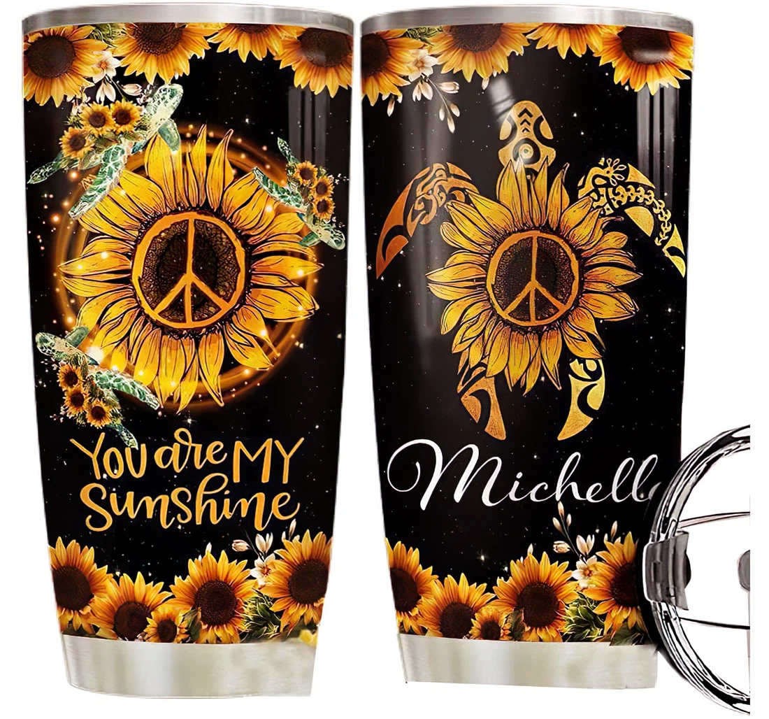 Turtle Sunflower Personalized Custom Name Cup Drinking Coffee Tumbler 20-30oz With Lid, Travel