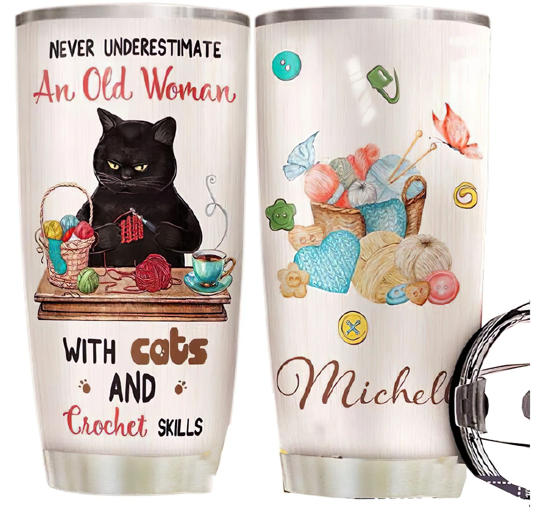 Cat Crochet Personalized Custom Name Cup Drinking Coffee Tumbler 20-30oz With Lid, Travel Mug